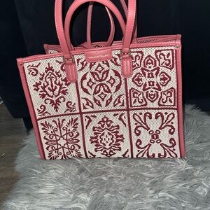 Viola Castellani Italy Crochet Fabric Leather Bag Pink White Shoulder Tote